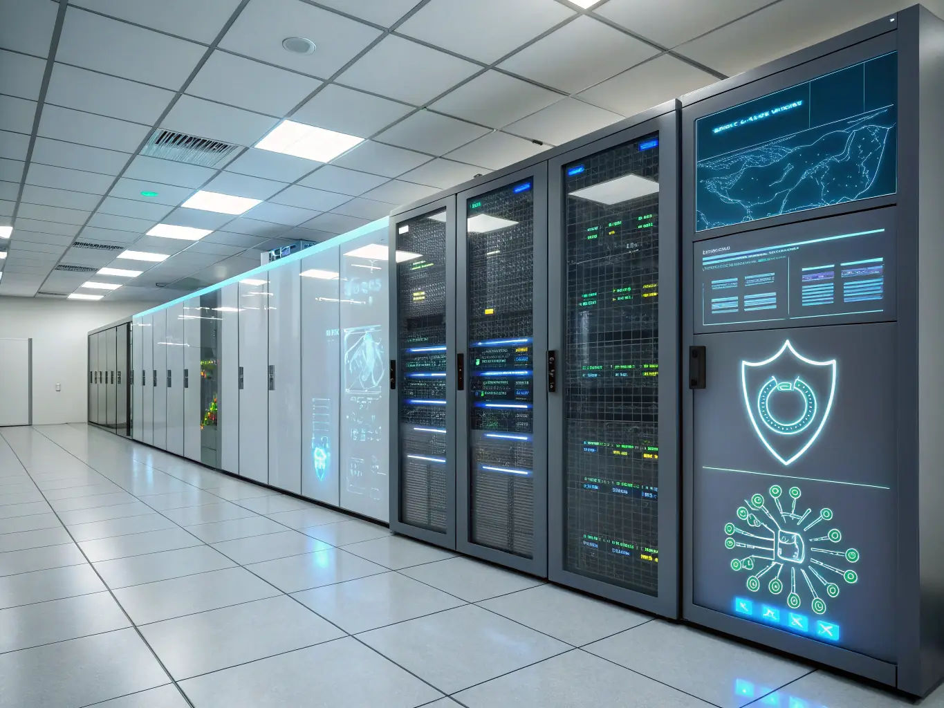 A high-performance server with security locks and monitoring dashboards, illustrating the robust security measures in place for dedicated servers.