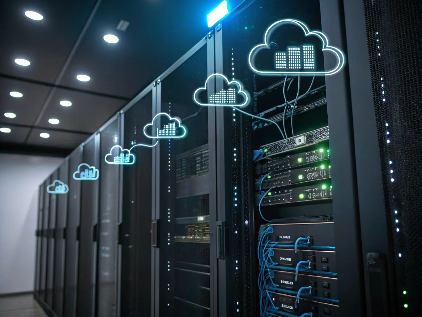 A visual representation of interconnected cloud servers with data flow graphics, emphasizing the scalability and reliability of cloud hosting.