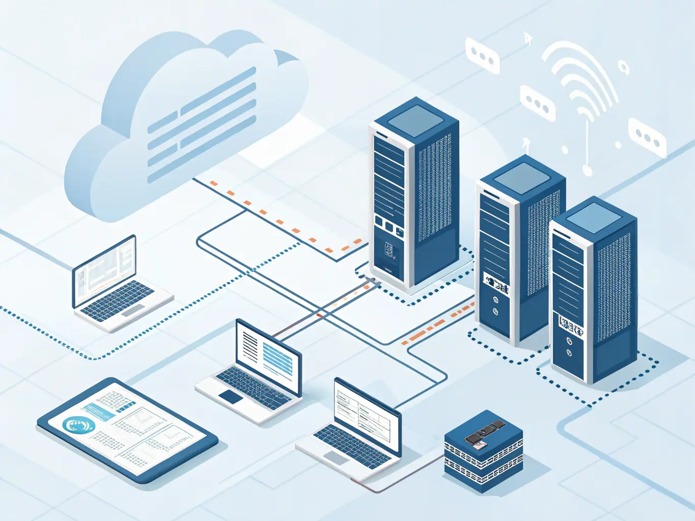 A visual of cloud servers interconnected with data flow graphics, used to represent cloud hosting.